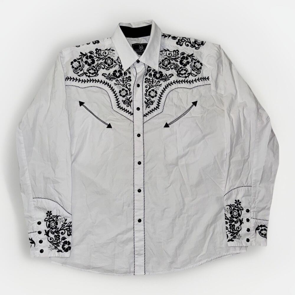 Salvaje Oeste Western Pearl Snap Shirt White Black Embroidered Large 22x28
